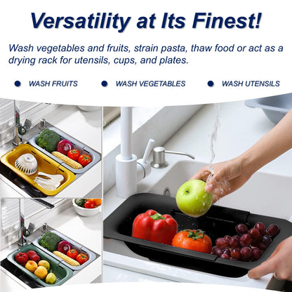 Extendable Sink Colander Strainer Basket - Wash Vegetables and Fruits, Drain Cooked Pasta and Dry Dishes - Adjustable Over the Sink Colander Collapsible Drainer Basket -Gray