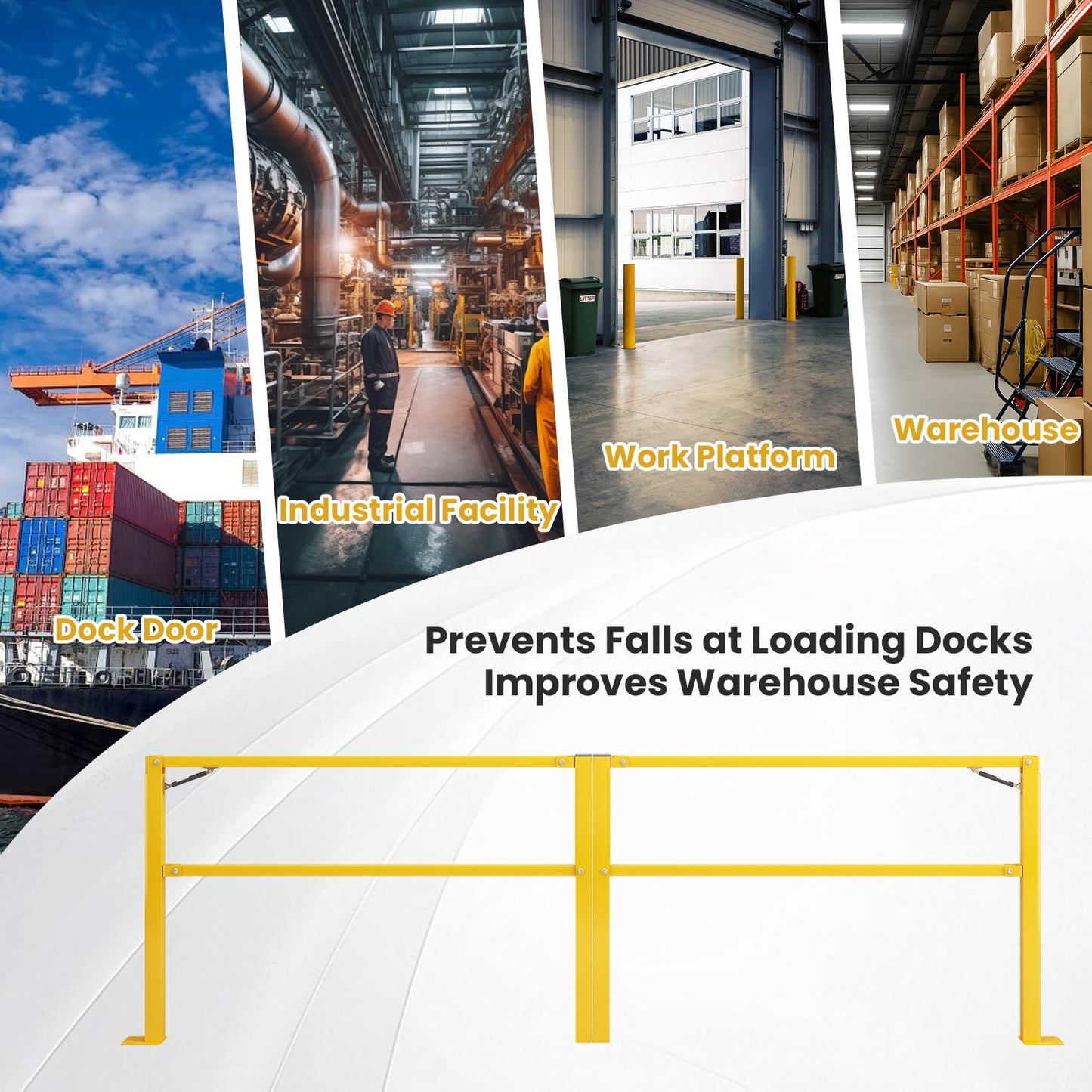 Hymula 10‘ Folding Dock Door Gate – Heavy-Duty Industrial Safety Barrier for Dock Doorways &Loading Docks & Warehouses with Gas Strut & High Visibility Yellow Finish
