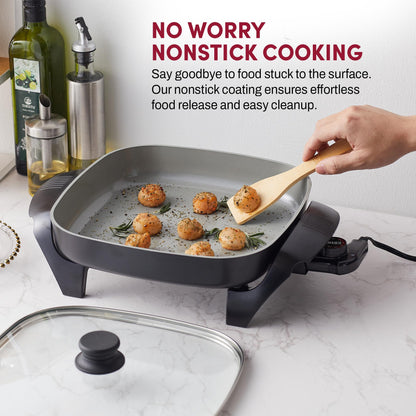 Elite Gourmet EG2212 12"x12"x2.15” Ceralast™ PFAS Free Ceramic Electric Skillet, Dishwasher Safe, Rapid Heat Up, 1200W, Dark Grey