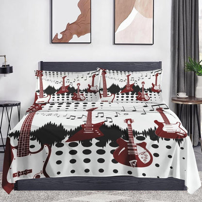 WeCozy Queen Size Bed Sheet Sets with Pillowcases, Guitar Rock Music 4 Pcs Soft Microfiber Bedding for Kids and Adults, Musical Play Flat, Fitted Sheet for Bedroom Bed Decor