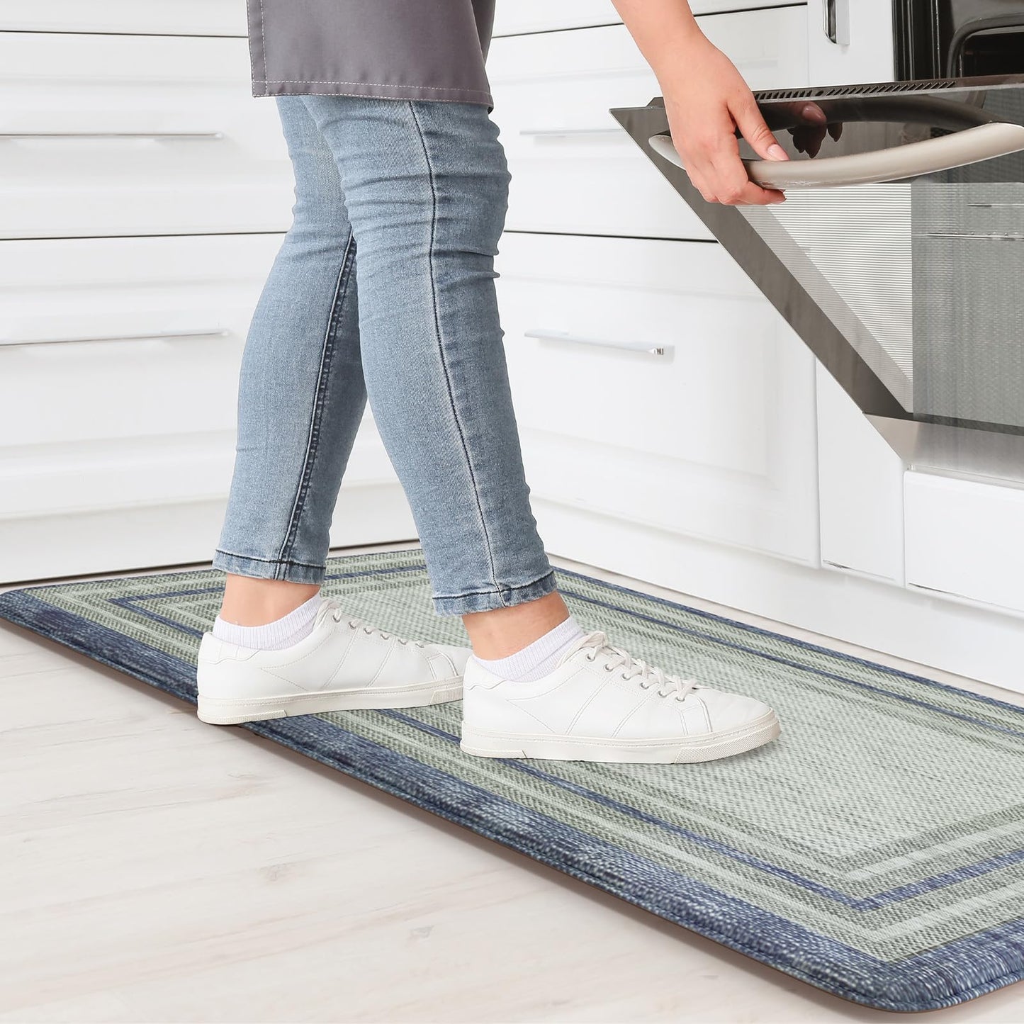 KIMODE Anti Fatigue Kitchen Mats, 17.3" x 29" Farmhouse Kitchen Rugs, Cushioned, Non-Slip Waterproof Comfort Thick Kitchen Floor Standing Mat for Corner Sink, Laundry Floor, Blue and Gray