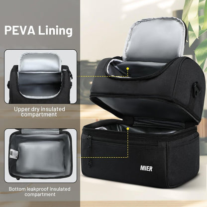 MIER Adult Lunch Box Insulated Lunch Bag Large Cooler Tote Bag for Men, Women, Double Deck Cooler(Black Large)