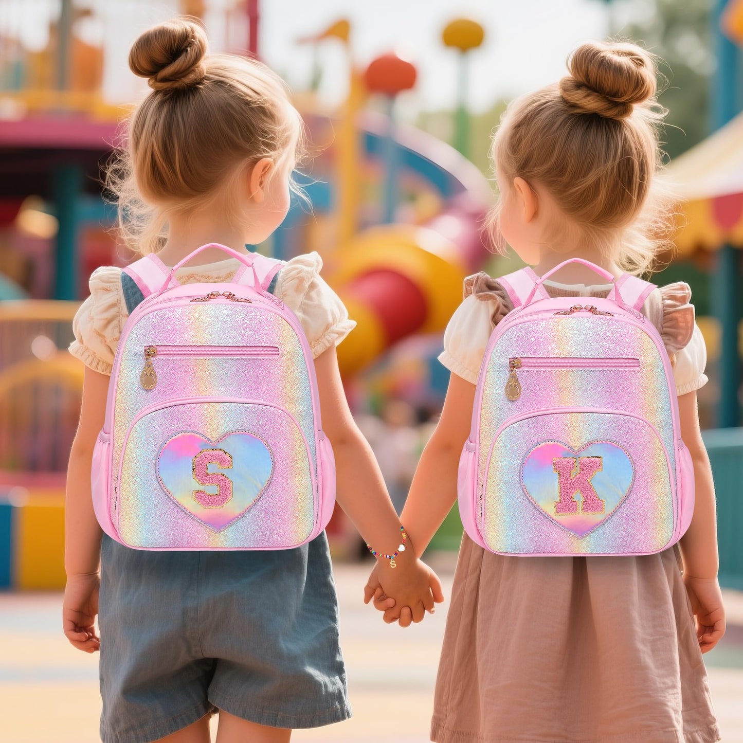 I IHAYNER Glitter Kids Backpack for School Travel & Daycare, Cute Pink Backpack with Initial, Lightweight Preschool Elementary Backpack for Girls, Personalized Gifts for Toddler & Little Girls