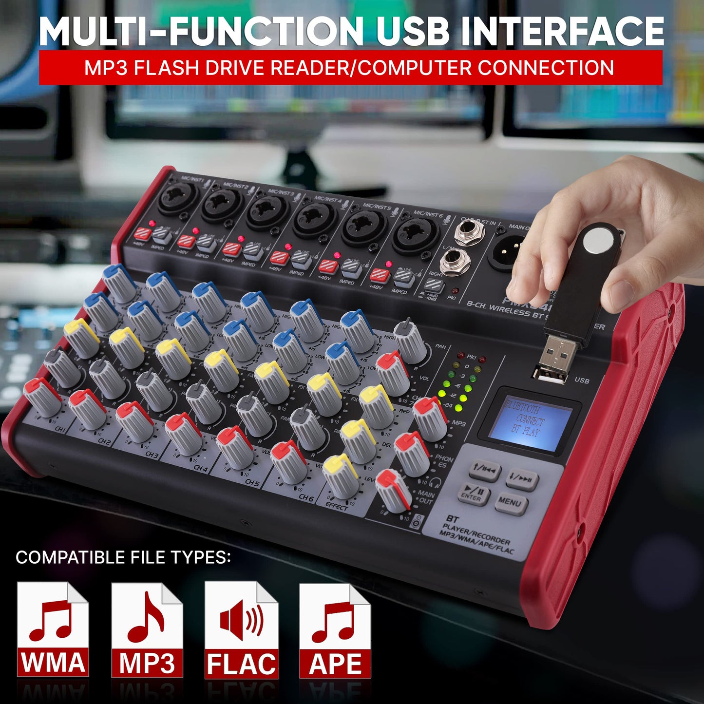 Pyle Professional Wireless DJ Audio Mixer - 8-Channel Bluetooth Compatible DJ Controller Sound Mixer w/USB Port, 6 Mic/Line Input, ¼” Mono/Stereo Input, Headphone Jack, +48V Phantom Power - PMX848BT