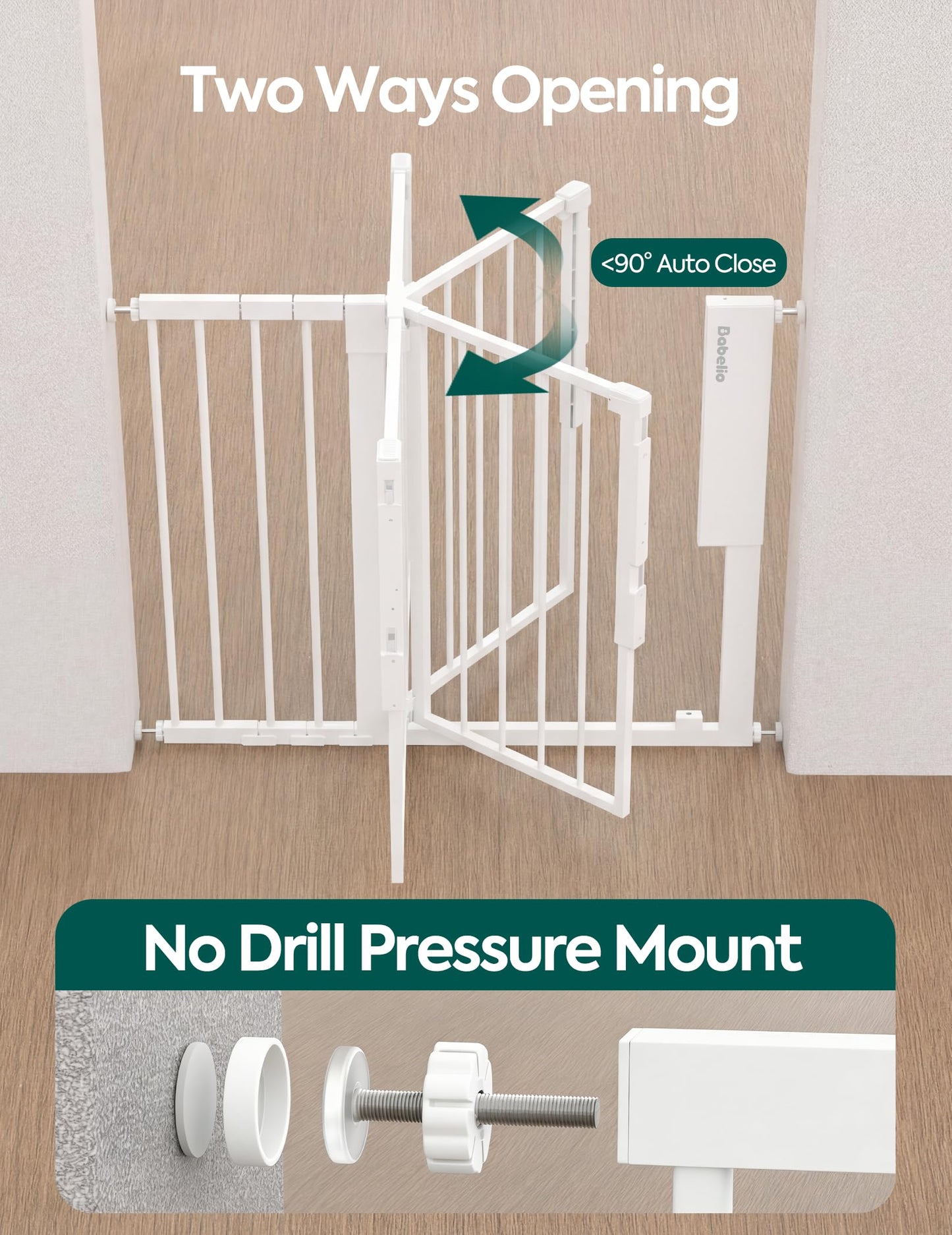 Babelio Smart Baby Gate with Auto-Unlock/Close, Pressure Mounted No Drill for Doorways/Top of Stairs. Pet/Dog Door Wide Walk Thru w/Infrared Sensor & Instant Safety Alert (White, 26.3-37.8" W, 30" H)