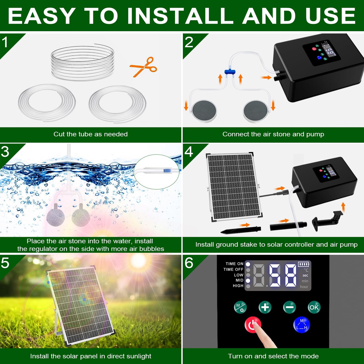 Lewisia Solar Pond Aerator Air Pump Battery with Air Hoses and Bubble Stones Fish Tank Bubble Oxygenator 30W