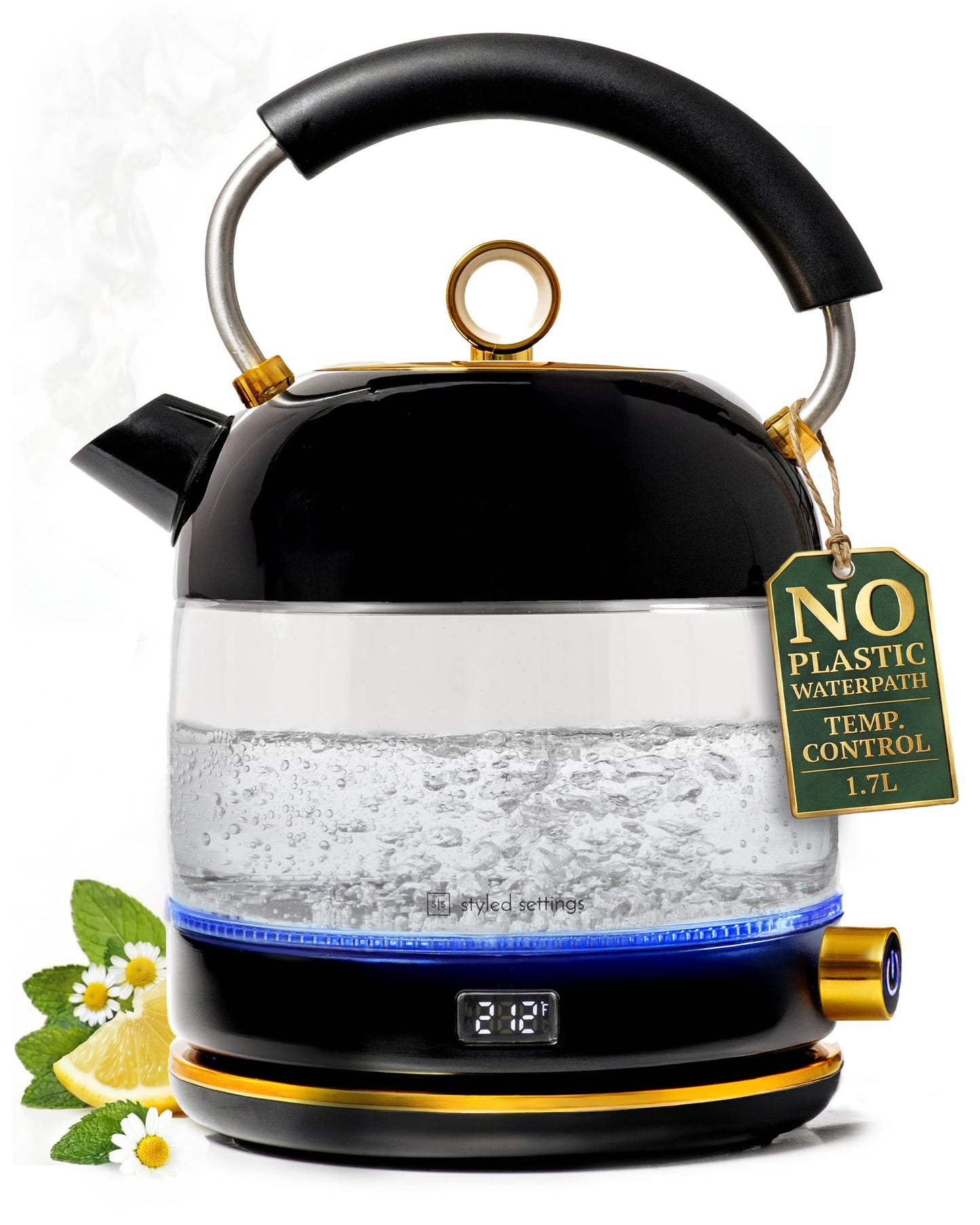 Glass Electric Kettle No Plastic, Stainless Steel, Auto Shut Off and Keep Warm Function - Black and Gold Tea Kettle with Temperature Control – 1500W Fast Hot Water Boiler for Coffee and Tea