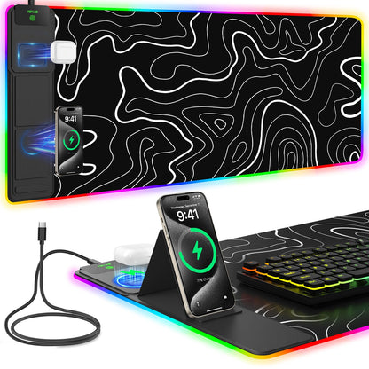 Mouse Pad with Wireless Charging, Large Desk Mat RGB Gaming Mousepad, 10 Light Colors LED Gaming Pad Keyboard Pad with Ultra-Smooth Surface & Non-Slip Rubber Base, Waterproof Full Desk Mouse Pad
