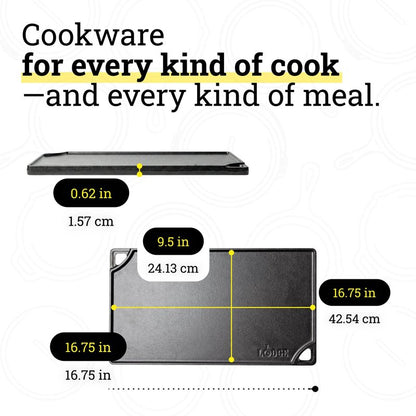 Lodge Double Play Reversible Cast Iron Grill/Griddle - Dual-Sided with Double Burner Configuration for Eggs, Pancakes, Burgers & More - Seasoned, Non-Toxic Cookware - Heavy-Duty Grill Pan - Black