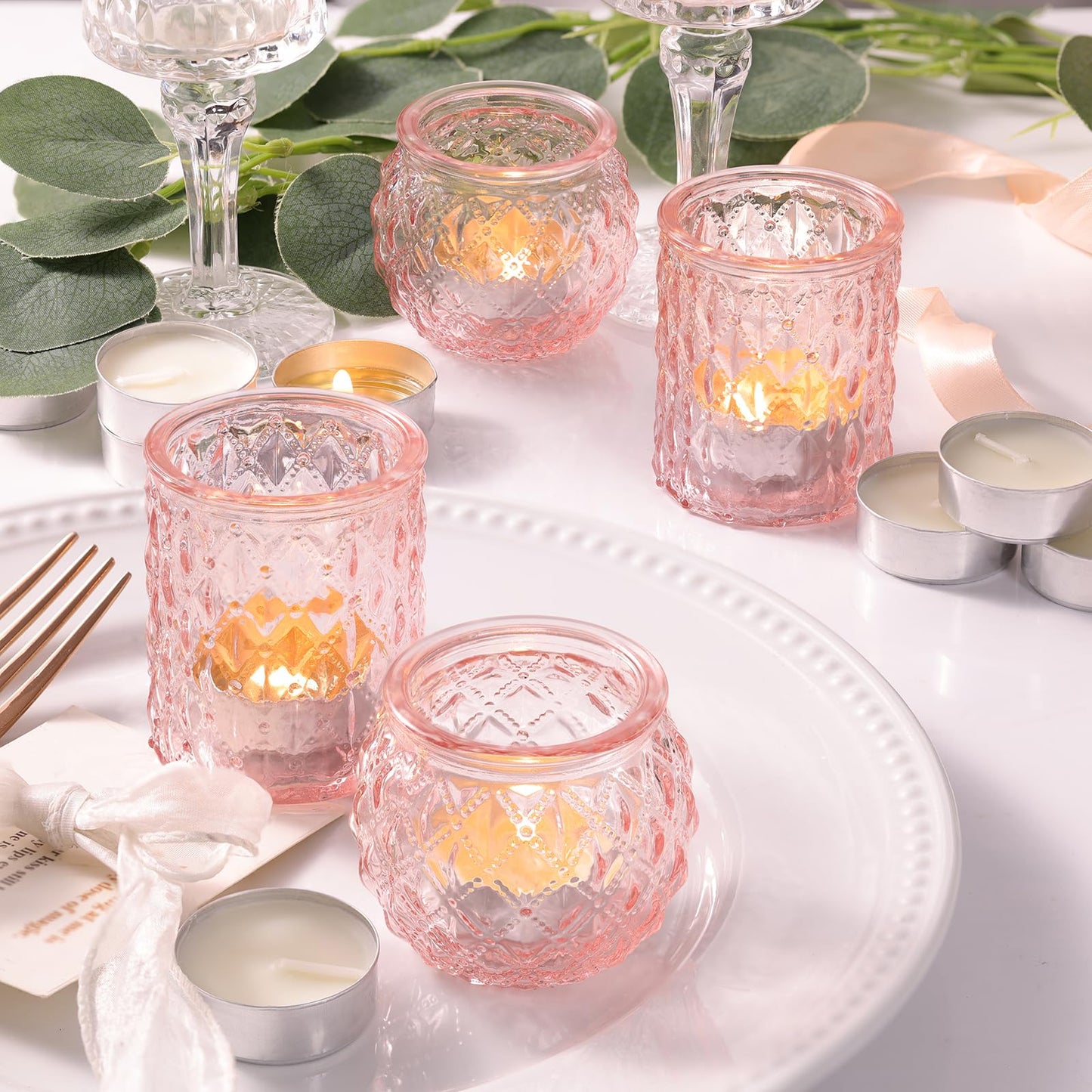 DARJEN 12Pcs Pink Votive Candle Holders- Glass Candle Holders Bulk for Flameless Tea Waxes, Romantic Candle Holder for Wedding & Parties, Home Table Decor
