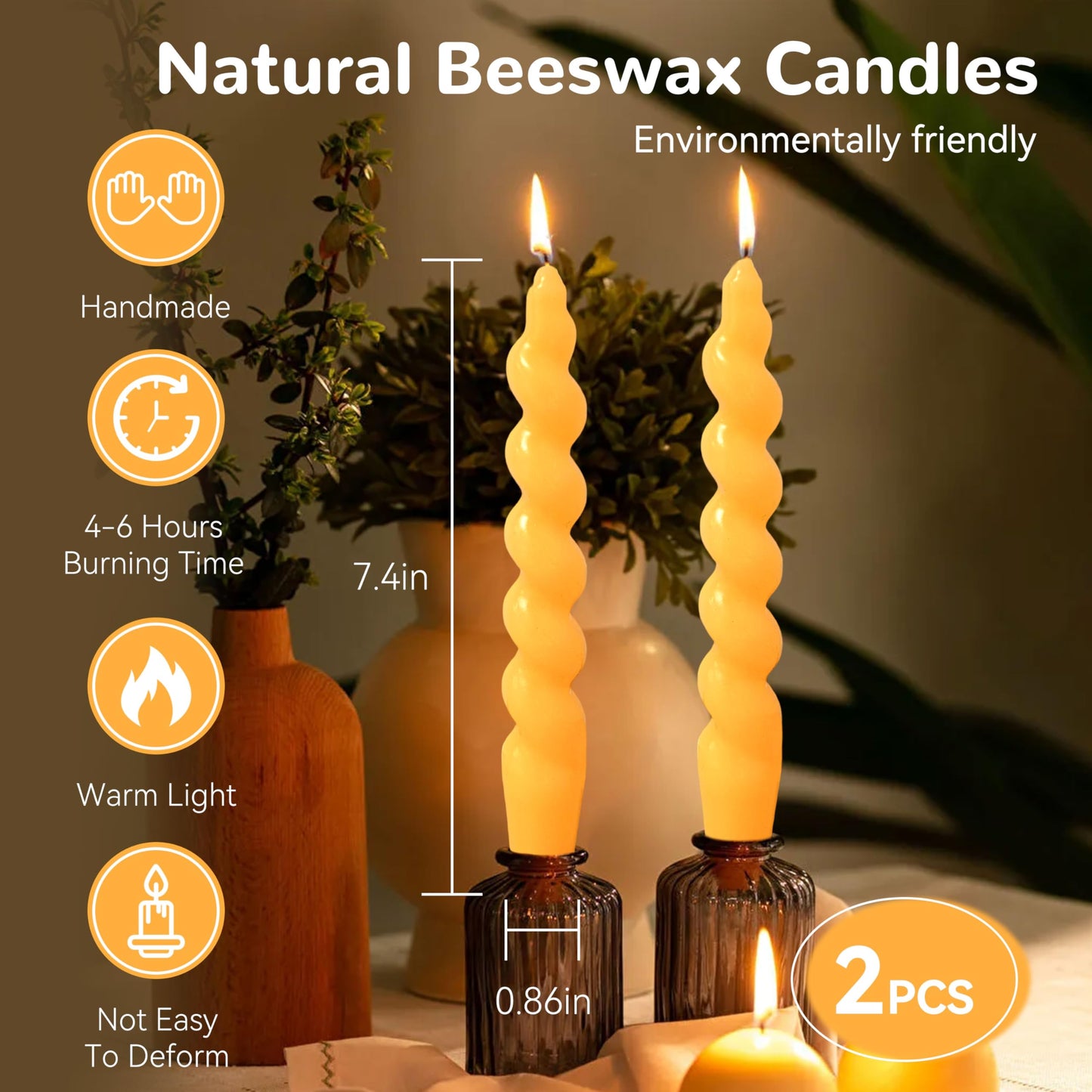 Beeswax Taper Candles Spiral Candle,XINAOBAOLUO 7.5inches Twisted Pure Bees Wax Candlestick Non Toxic Candle Handmade Natural Honey Candlestick Set for Table Home Decor Meditation 2pcs