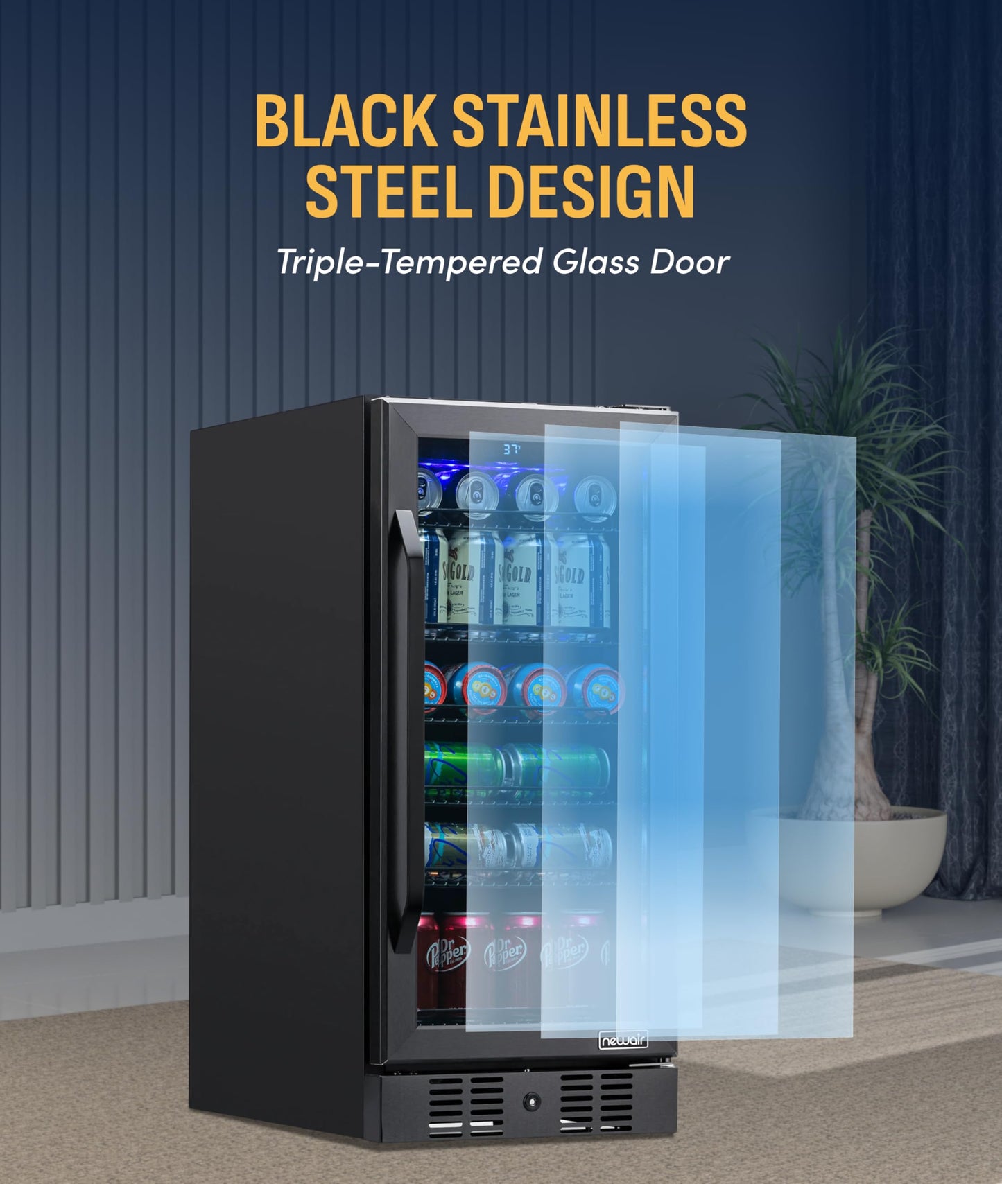NewAir 96 Can Built-In Beverage Refrigerator | 15” Small Mini Fridge for Bedroom, Home Bar or Office | Quiet Cooling & Precise Temperature Control | Black Stainless Steel