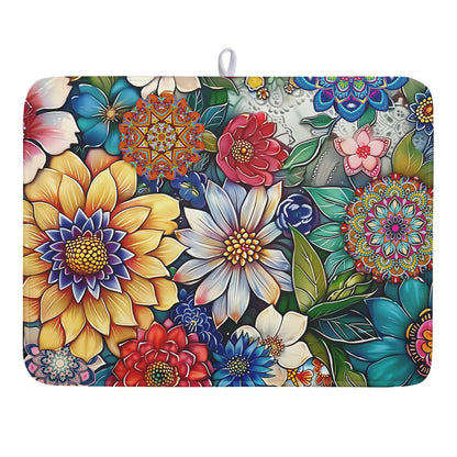 Boho Floral Dish Drying Mat for Kitchen Counter 18x24 Inch Super Absorbent Microfiber Kitchen Drying Mat Bohemian Flower Dish Drainer Rack Mat Reusable Washable Dish Drying Pad for Kitchen Coffee Bar
