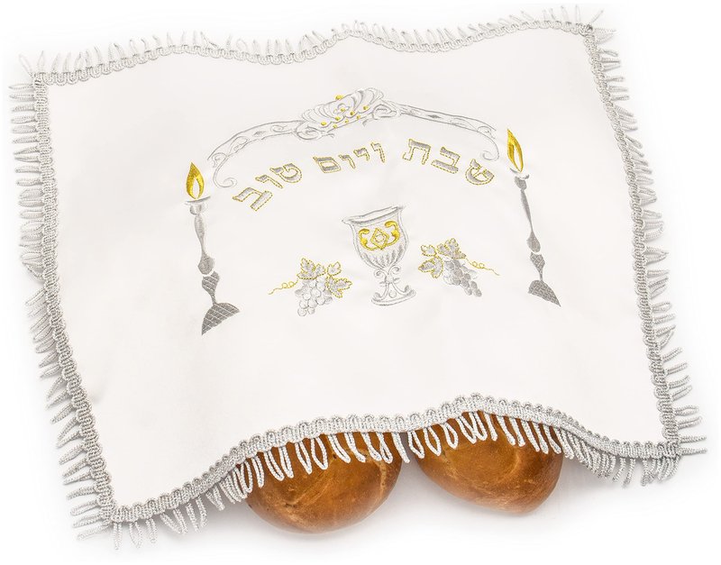 HolYudaica White Satin Challah Cover for Shabbat Bread (20"/16") with Shabbat Candlestick Silver & Gold Embroidery, from Israel, Nice Gifts (Silver, 1)