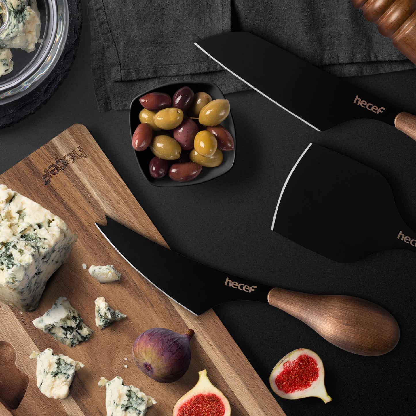 hecef Cheese Knife Set of 3, Bronze Grain Multipurpose Retro Cheese Knives, Set includes Pronged, Hard Cheese & Chisel Knife, Black