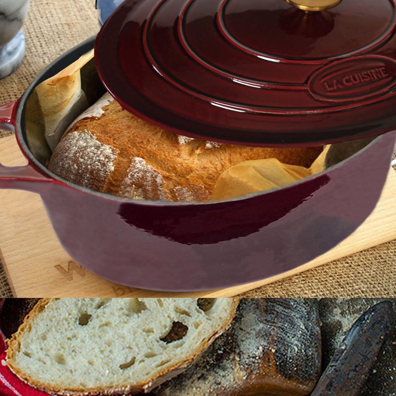 La Cuisine Enameled Cast Iron Oval Dutch Oven Casserole Dish Pot with Lid 5 QT Internal Matt Black Enamel Coating, Cranberry, Gold-Plated Stainless Steel Lid Handle, Oven Safe