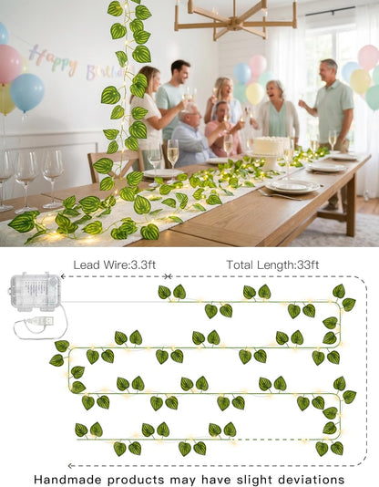Suddus Vines with Fairy Lights - 33ft 100 LED Watermelon Leaves String Lights | Battery & USB Powered, Remote Control for Indoor Decor