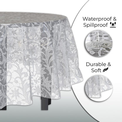 Exquisite Lace Table Cloth Round Table Plastic 12-Pack Lace Tablecloth 84 | White Floral Tablecloth Disposable | Wild Flower Party Decorations & Party Supplies