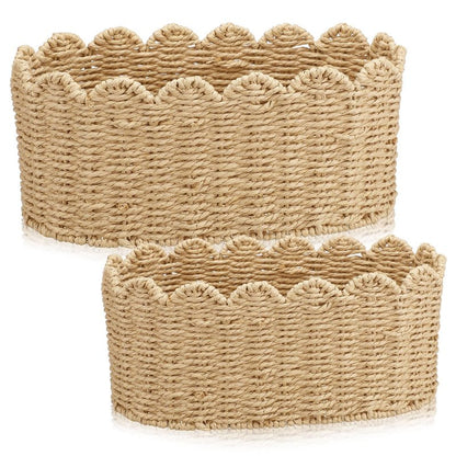 Kritkin 2 Pcs Scalloped Basket Set Hand-woven Baskets with Scalloped Design, 16 x 10 x 7 Inch & 14 x 8 x 6 Inch for Living Room Bedroom Laundry Nursey Storage