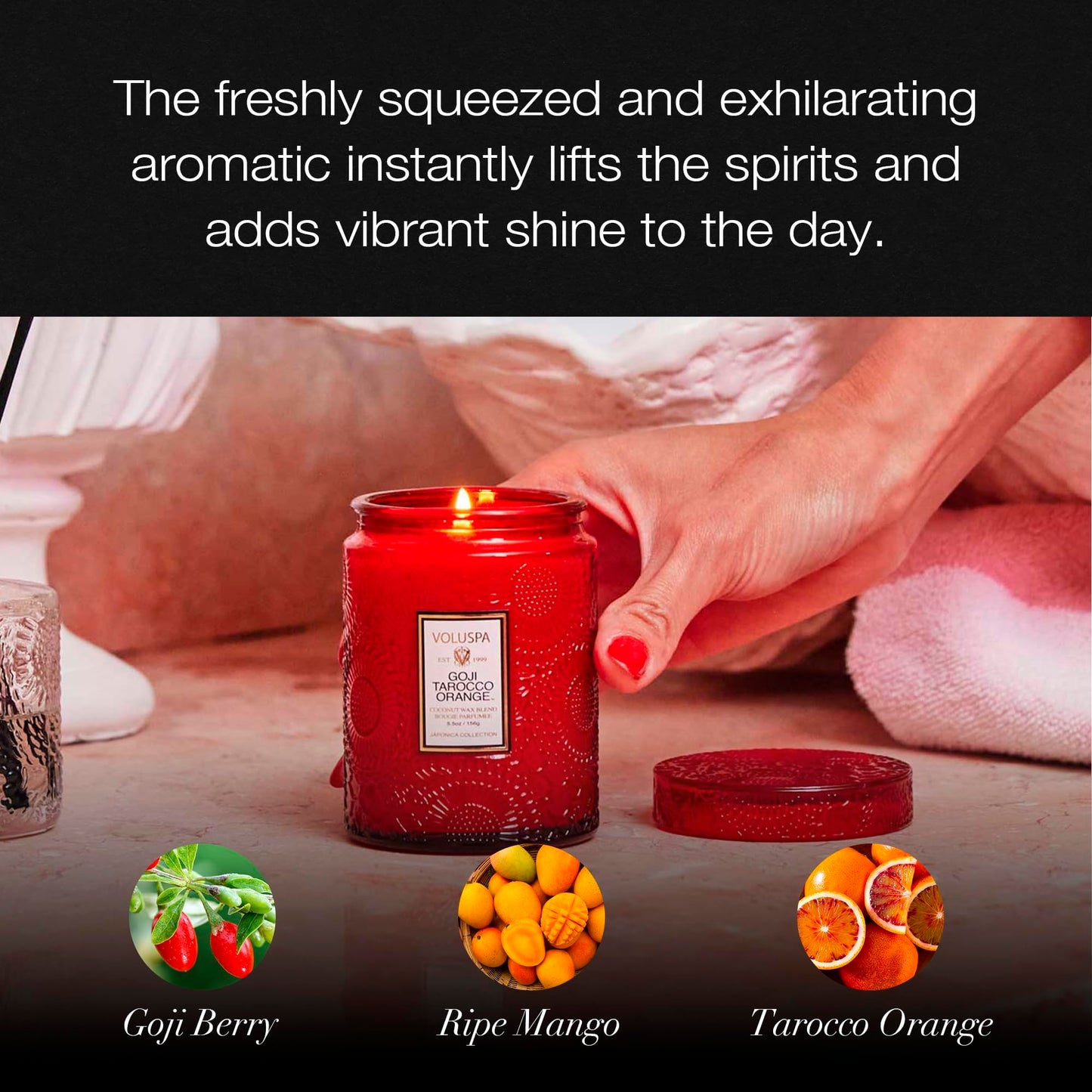 Voluspa Goji Tarocco Orange, Small Candle Jar, 5.5 oz, 50 Hour Burn Time, Coconut Wax for Clean Burning, Handcrafted in the USA