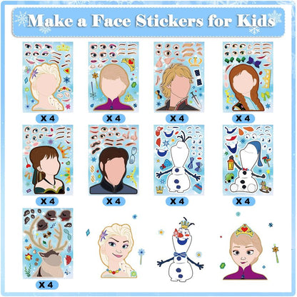 36Pcs Frozen Party Favors Stickers, Make Your Own Stickers for Kids Make a Face Sheets, Fun Gifts for Kids Birthday Party Supplies Mix and Match Sticker Bday Party Favor Decorations for Girls