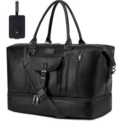 weiatas Faux Leather Travel Duffel Bag for Women Men, Large Weekender Overnight Bag with Shoes Compartment, Waterproof Carry On Bag Travel Tote Bag Gym Bag with Luggage Strap (Black)