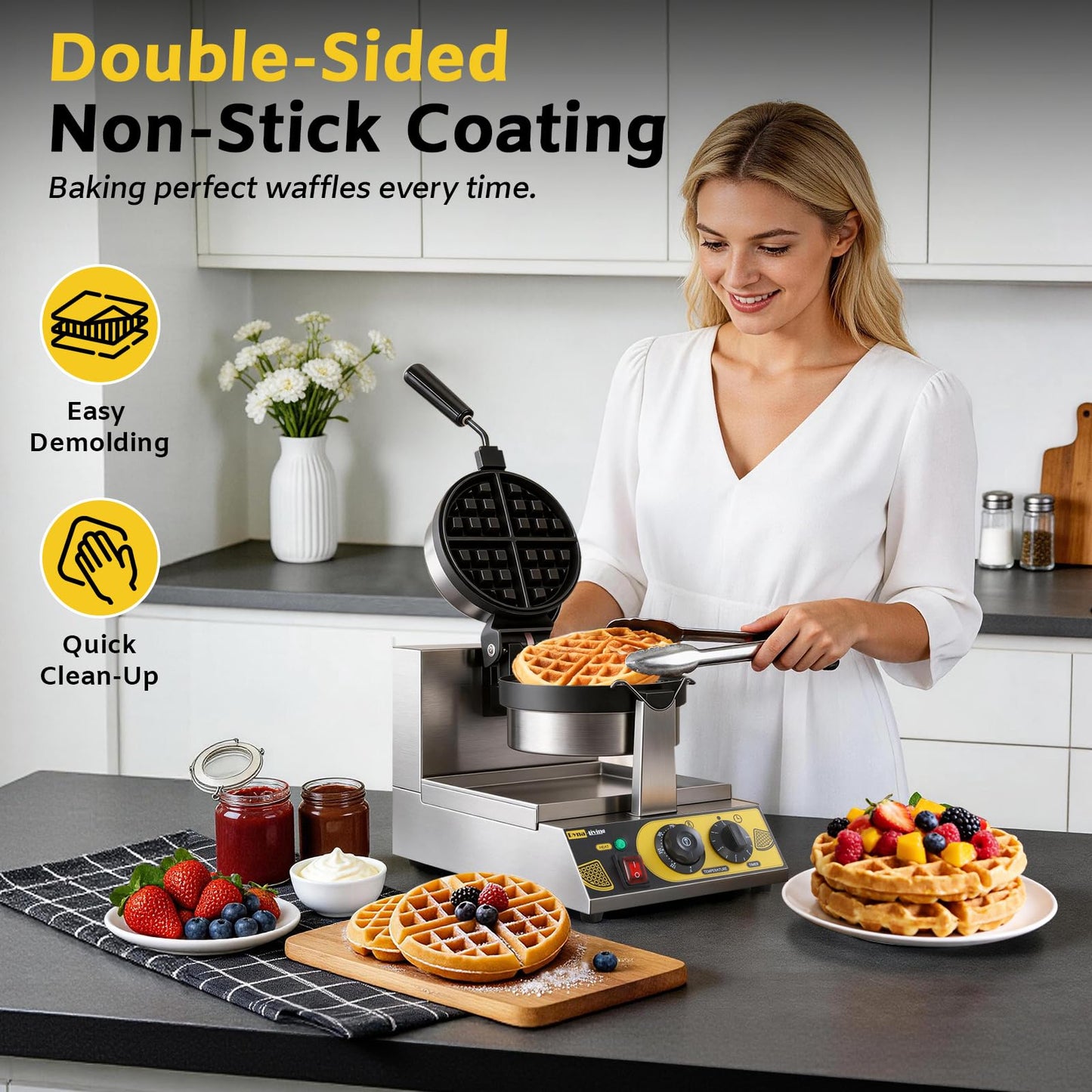 Dyna-Living Commercial Waffle Maker Belgian Waffle Iron for Restaurant, 1200W Flip Professional Waffle Maker Non-Stick Electric Restaurant Waffles Machine for Bakery Snack, 122℉-572℉ Temp Adjustable