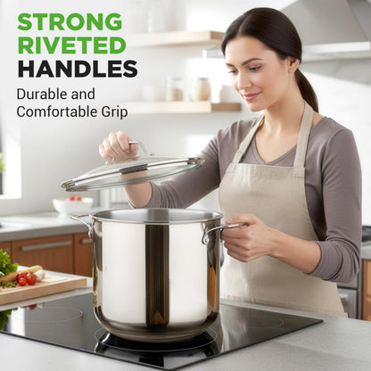 NutriChef 15-Quart Stainless Steel Stock Pot with Tempered Glass Lid - Induction Compatible Large Stockpot, Ideal for Stews & Soups, Dishwasher Safe - NCSP16