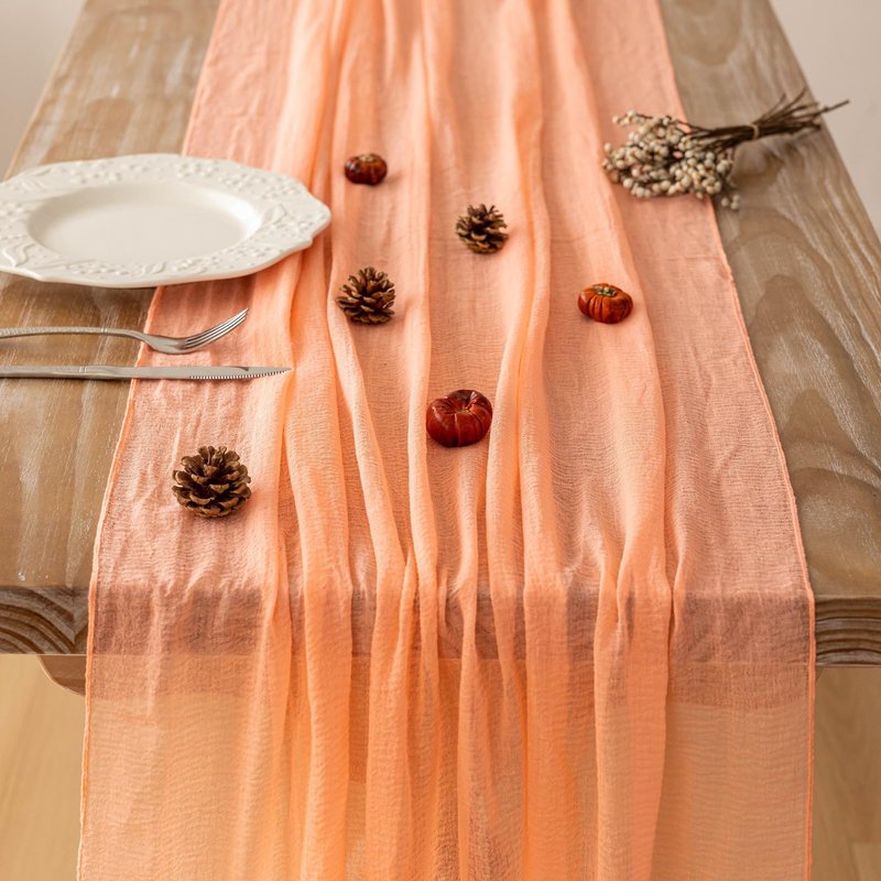 Keketoarrange 3pcs Fresh Salmon Cheesecloth Table Runner Valentines Decor Peach Echo Gauze 120 Inch 10 FT Boho Table Runner for Wedding Baby Shower Bridal Shower Party Sheer Spring Home Decorations