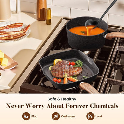 Kitchen Academy 17Pcs Induction Cookware Sets, Granite Pots and Pans Set Non Stick, Black Kitchen Cooking Pans, PFOA & PFOS Free