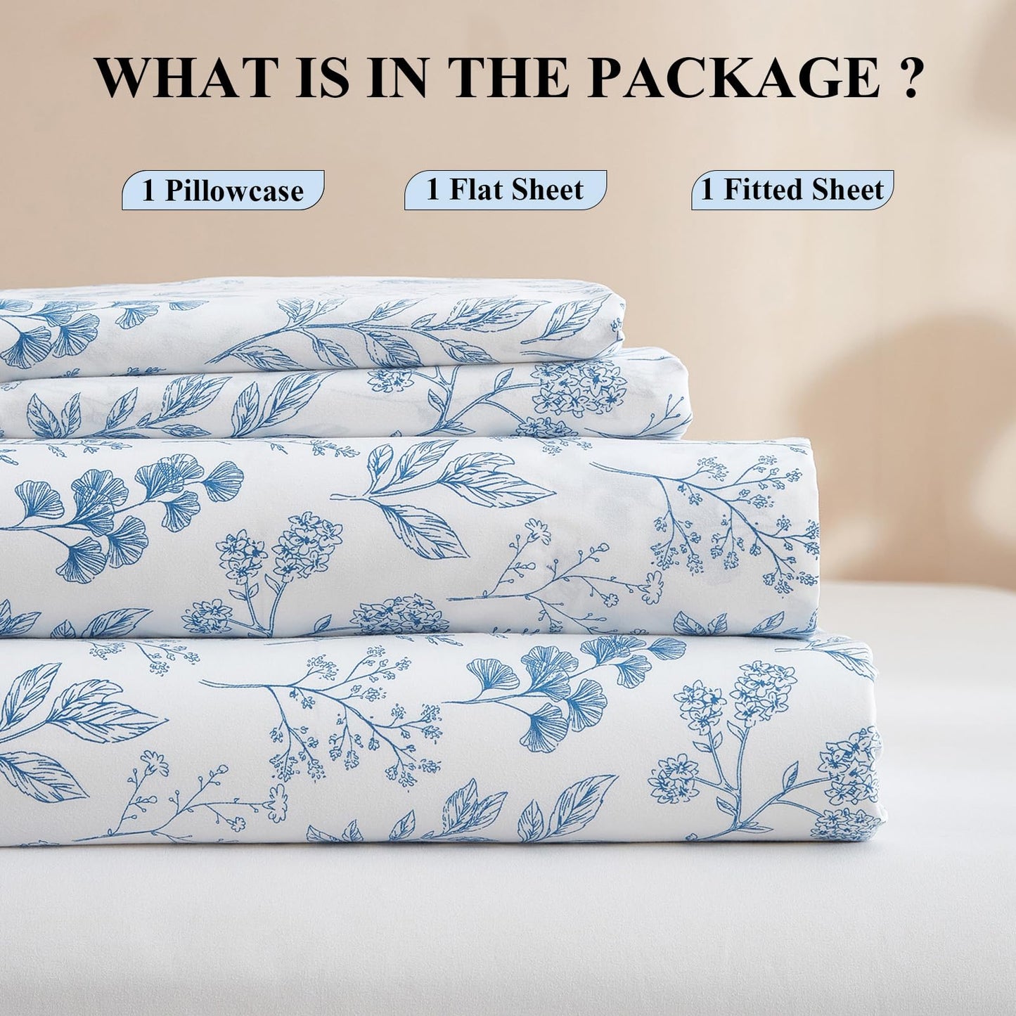 HighBuy 3 Piece Bed Sheets Set Twin XL Sheets White - Extra Soft Blue Floral Sheet Deep Pocket 16" - Luxury Soft Twin XL Sheet & Pillowcase Set - Twin XL Size Bed Cooling