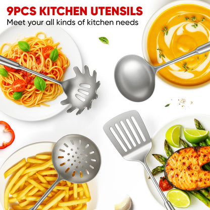 5 Pcs Newness Cooking Utensils Set, 304 Stainless Steel Kitchen Utensils Set, Metal Kitchen Accessories, Include Soup Ladle, Slotted Skimmer Spoon, Spaghetti Spoon and Spatula, Dishwasher Safe