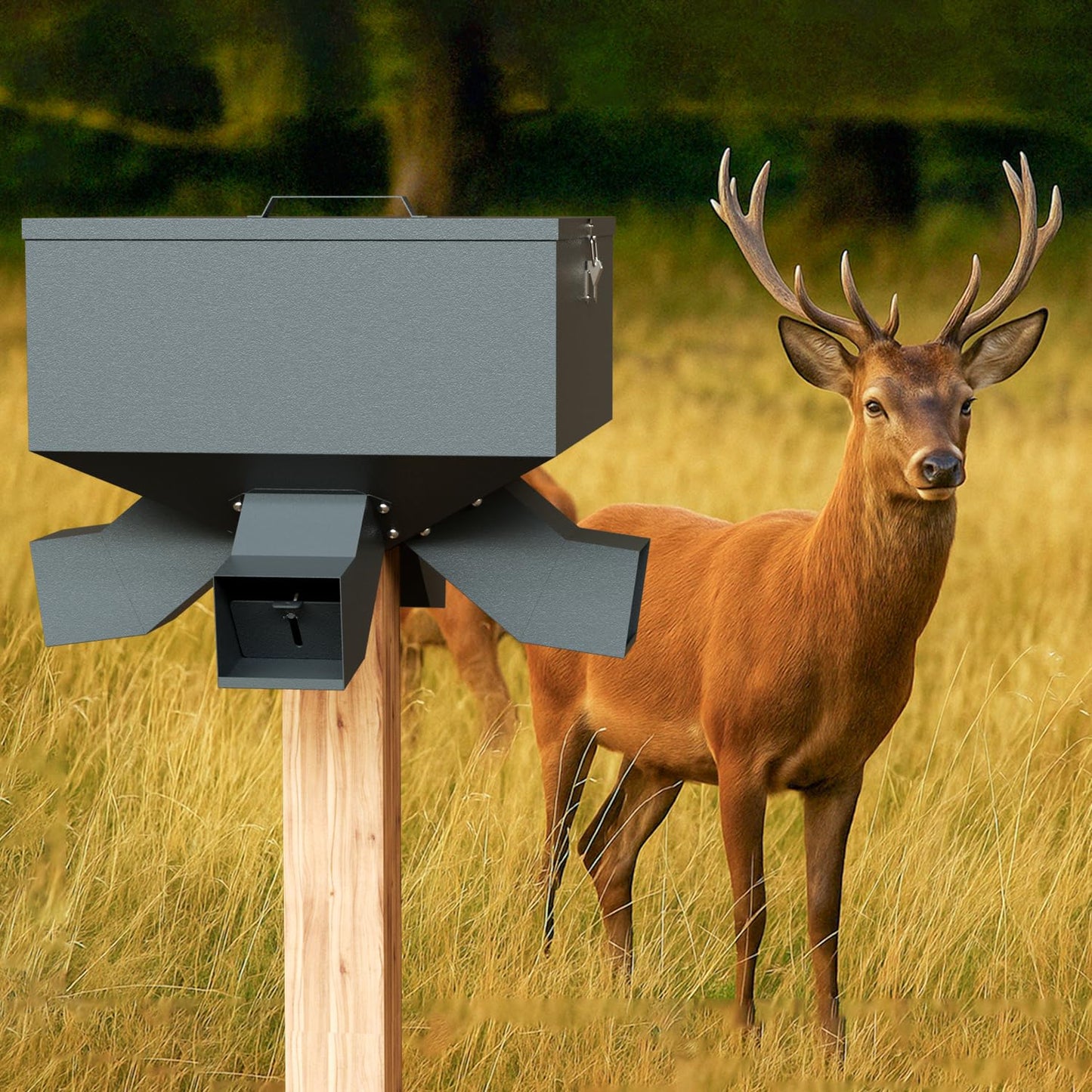 POOAMY Gravity Deer Feeder, Heavy Duty Deer Feeder Box, 80lb Large Capacity Automatic Feeder, Hunting Game Feeders, Protein 4 Feed Head