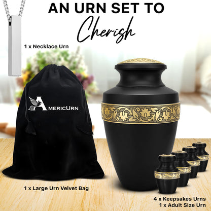 Set of 6 Black & Gold Decorative Cremation Urns for Ashes Adult Male & Female Includes 1 Large Black Urn with 4 Small Keepsakes & 1 NecklaceUrn for Human Ashes