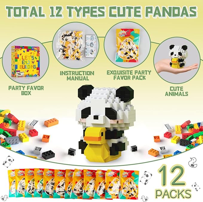 HIGH GODO 12Pack Pandas Party Favors Building Set 1977PCS Cute Animals Set for Goodie Bag Stuffers Classroom Prizes Party Favors Birthday Easter Gifts for Teens 14+ (Not Compatible with Major Brand)