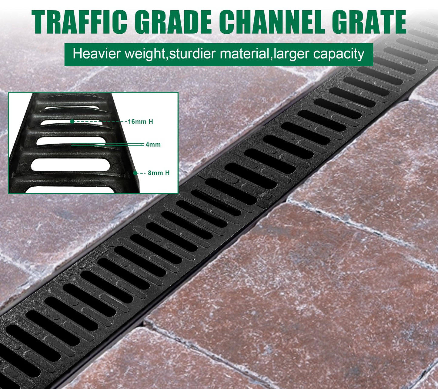 Natotela B Class Driveway Channel Drain with Ductile Iron Grate-39.4Lx6.1Wx5.5H in. Deep Profile Trench Drain System,3 Pack Total Length 118.2in,Heavy Duty Drainage System for Garage,Parking Lot