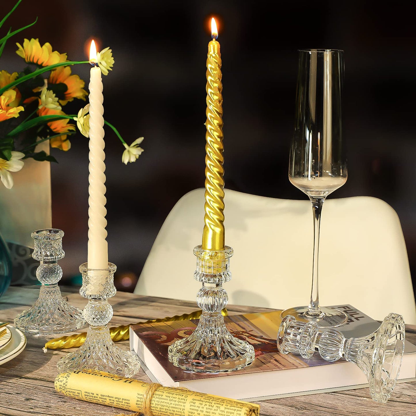 Clear Glass Candlestick Holders,8 pcs Set Include Taper Candle Holders and Stripe Candle Holders,Two Style for Formal Events, Wedding, Festival,Church, Party & Festival Decoration