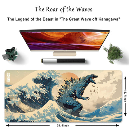 ProbTis Japanese Mouse Pad, Kanagawa Great Wave Mouse Pad, XXL Anime Gaming Keyboard Mat, Stitched Edges Rubber Base, XXL Big Extended Desk Protector for Home Office, 35.4”x15.7” (Sea Wave - Monster)