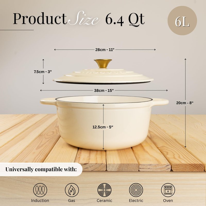 Nuovva Enamelled Cast Iron Dutch Oven Pot with Lid – 6.4 Quart Non Stick Casserole Pot – Heavy Duty & Oven Safe up to 500° F for Bread Baking, Braising, Stews, Roasting – 28cm Cream