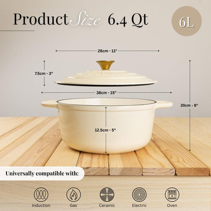 Nuovva Enamelled Cast Iron Dutch Oven Pot with Lid – 6.4 Quart Non Stick Casserole Pot – Heavy Duty & Oven Safe up to 500° F for Bread Baking, Braising, Stews, Roasting – 28cm Cream