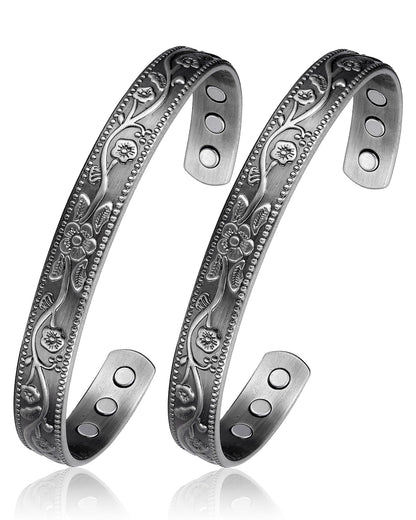 BioMag 2 Pcs Magnetic Copper Bracelets for Men, 99.99% Pure Copper Cuffs with 3500 Gauss Magnets, Adjustable Size, Intricate Floral Pattern, Antique Silver