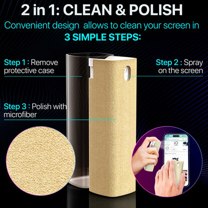 Mini Screen Cleaner Spray – Finger Proof Screen Cleaner for Smartphones, iPads, MacBooks, Laptops, Car Screens, Touchscreens – 3 in1 Mist Cleaner, Microfiber Cloth and Protective Cover (Grey)