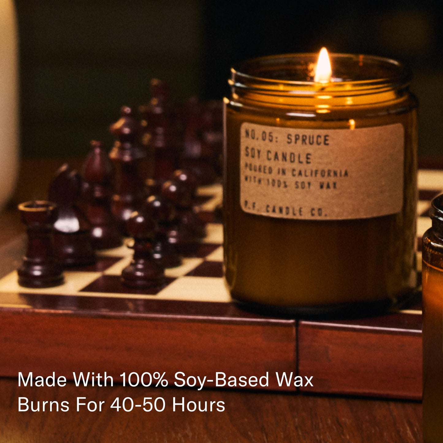 P.F. Candle Co. Seasonal Fall Autumn Scented Soy Wax Candle - (7.2 oz) 40-50 Hour Burn Time, Amber Glass Jar, Made in The U.S.A. (Spruce)