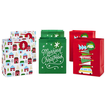 Hallmark 9" Medium Christmas Gift Bag Bundle (Pack of 6; Little Houses and Trees, MerriestChristmas, Vintage Van with ChristmasTrees) - 5XGB4890