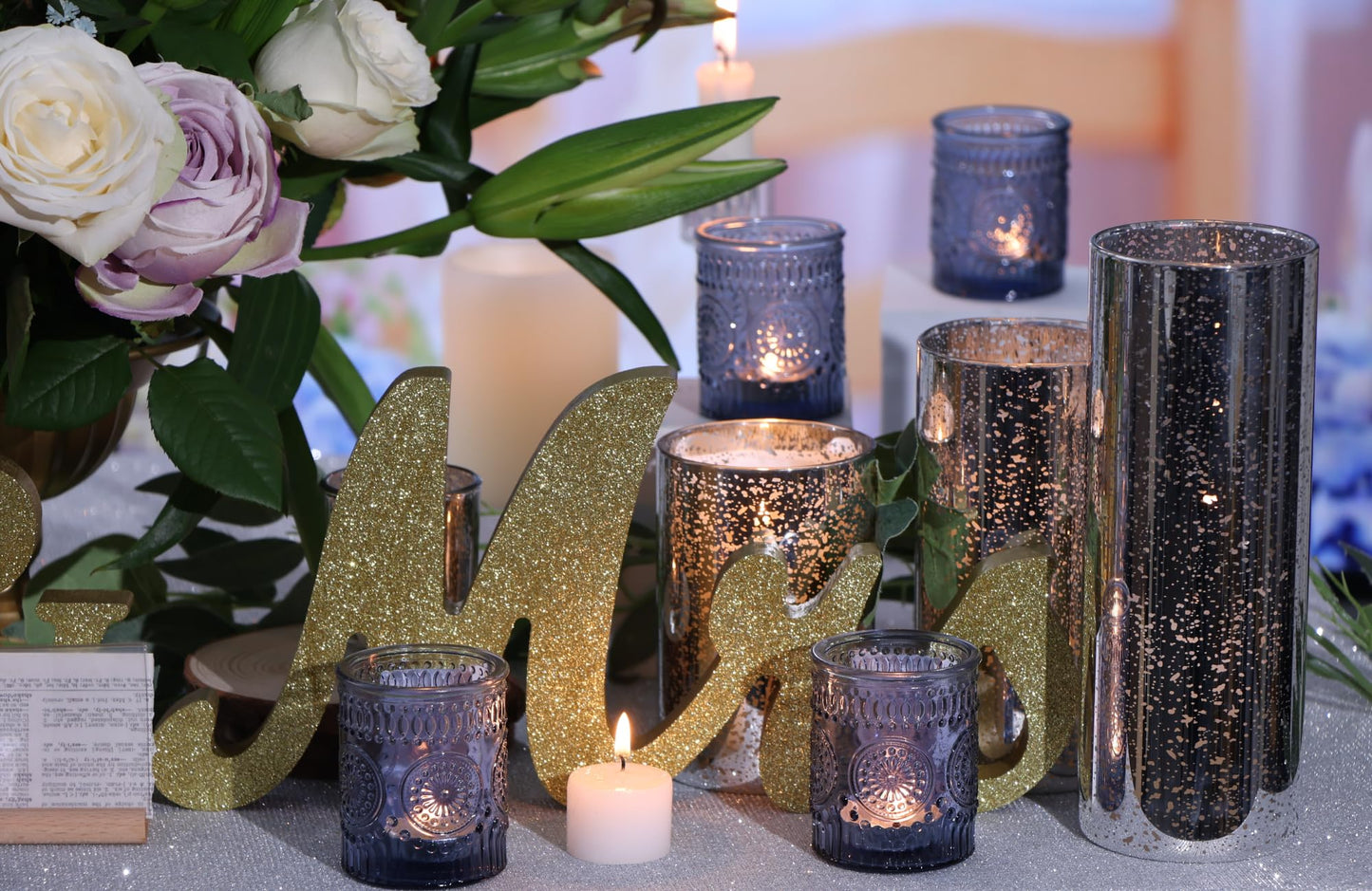 DEVI 24pcs Navy Blue Votive Candle Holders for Table Centerpieces, Blue Tealight Candle Holder for Bridal Shower Decorations, Boho Wedding Decorations for Home Party, Blue Sunflower Decor