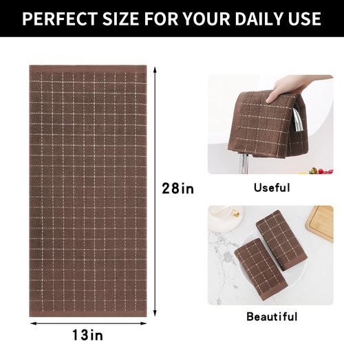 Homaxy 100% Cotton Terry Kitchen Towels(Brown, 13 x 28 inches), Checkered Designed, Soft and Super Absorbent Dish Towels, 6 Pack