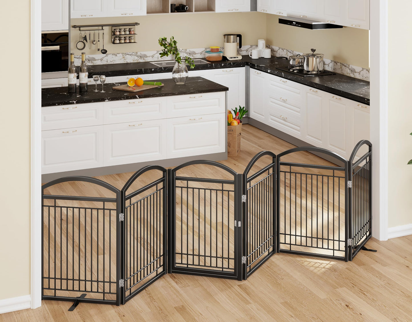 THKKY Folding No-Assembly Metal Freestanding Dog Gate with Door Walk Through,32" Height Pet Fence,144" Extra Wide Accordion Puppy Folding Playpen for Doorways,House,Stairs (6 Panels,Black)