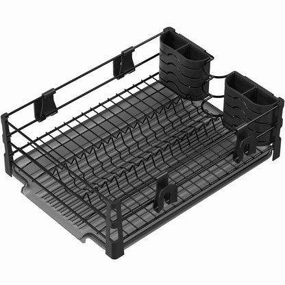 Simple Houseware Dish Drying Rack with Drainboard, Utensil Holder & Mug Hooks, Black Metal Kitchen Counter Organizer