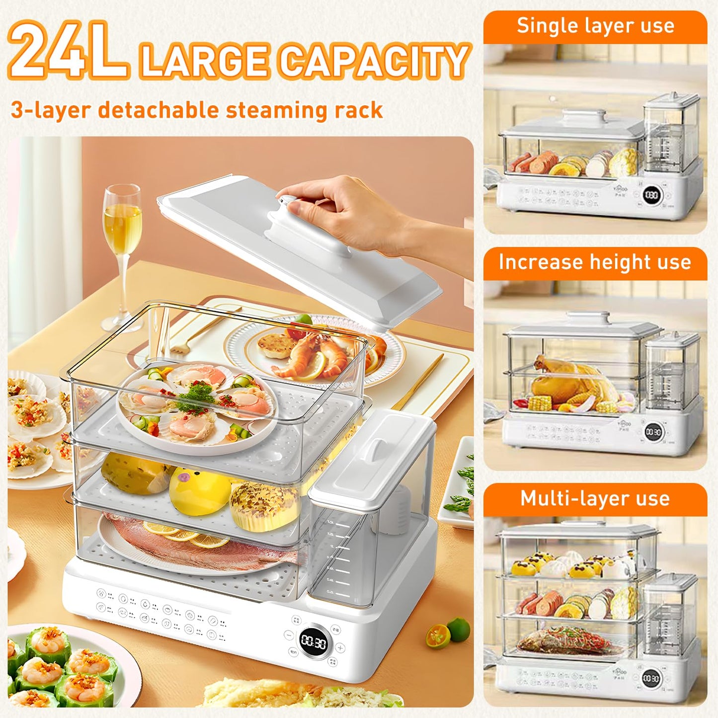 24L/25QT Electric Steamer, 3 Tier Food Steamer, Commercial Stainless Steel Steamer with Detachable Water Tank, Large Capacity Breakfast Machine with Timer, for Home, Restaurant, Party