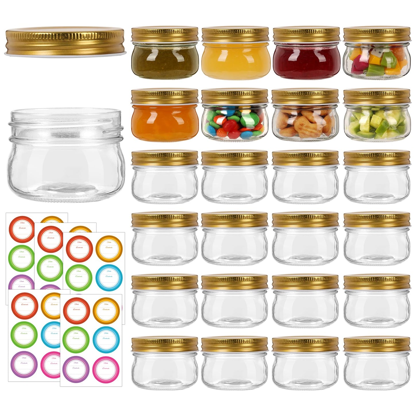 Mcupper 4 oz Mason Jars With Gold Lids, 24 Pack Regular Mouth Canning Jars for Jam, Honey, Yogurt, Spices, Snacks, DIY Projects, Wedding Favors- Includes 30 Stickers